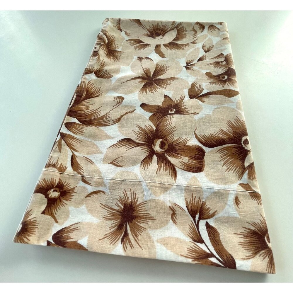 Vintage 80s pillowcase, brown hibiscus floral single pillow sham, Wabasso